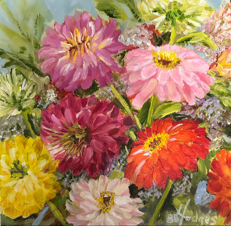 Original oil painting of vibrant and colorful Zinnias