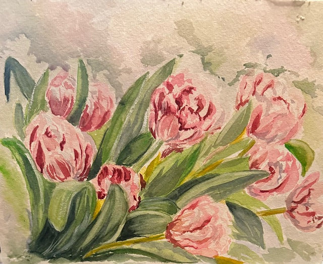 Pink Tulips Watercolor Painting - Original Floral Art on Cotton Paper