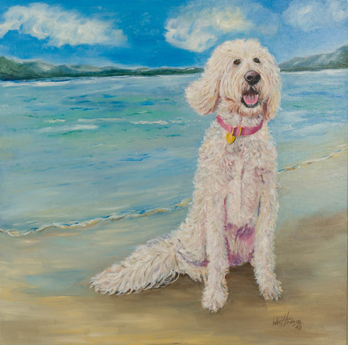 Commissioned oil painting on canvas of a Goldendoodle