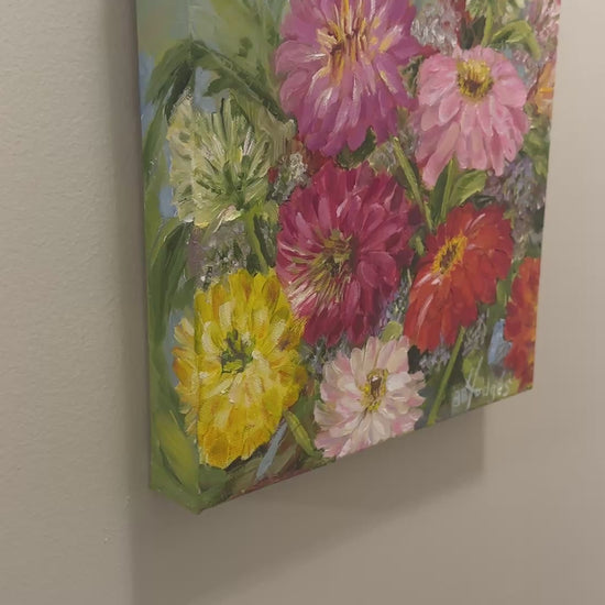 Video or original oil painting of vibrant and colorful Zinnias