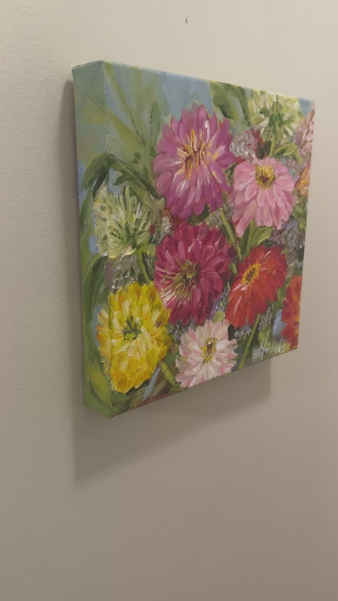 Video or original oil painting of vibrant and colorful Zinnias