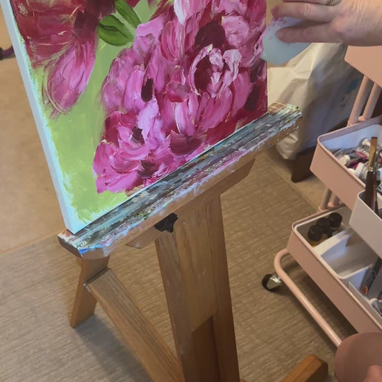 Barbara Hodges using Catalyst Wedge and oil on canvas to paint a colorful Peonies.