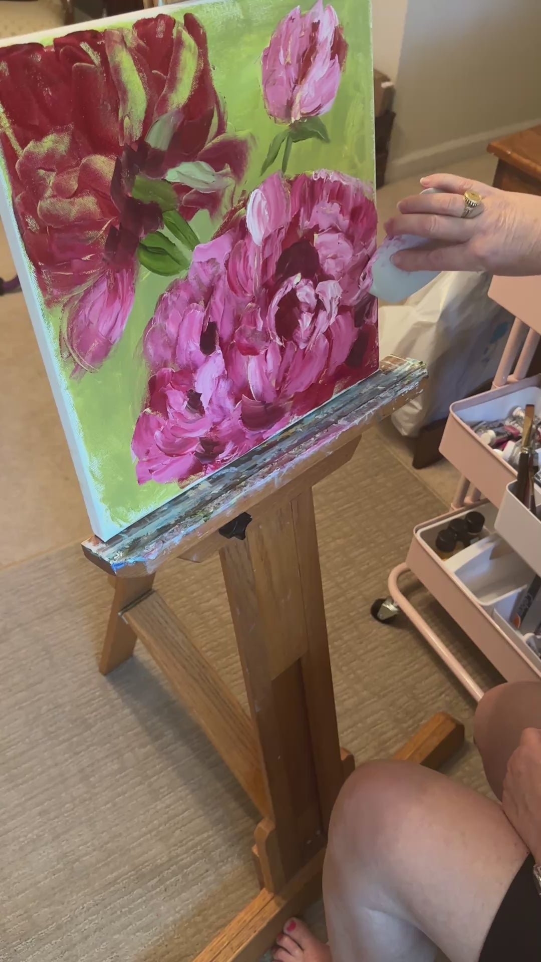 Barbara Hodges using Catalyst Wedge and oil on canvas to paint a colorful Peonies.